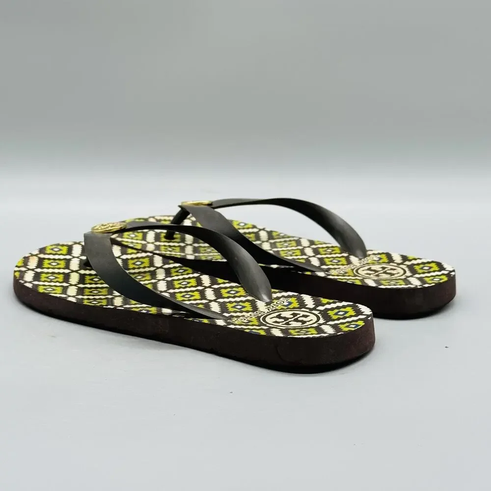 Tory Burch Sandals Womens 6 Multicolor Rubber Flip Flop Geometric Logo Shoes
